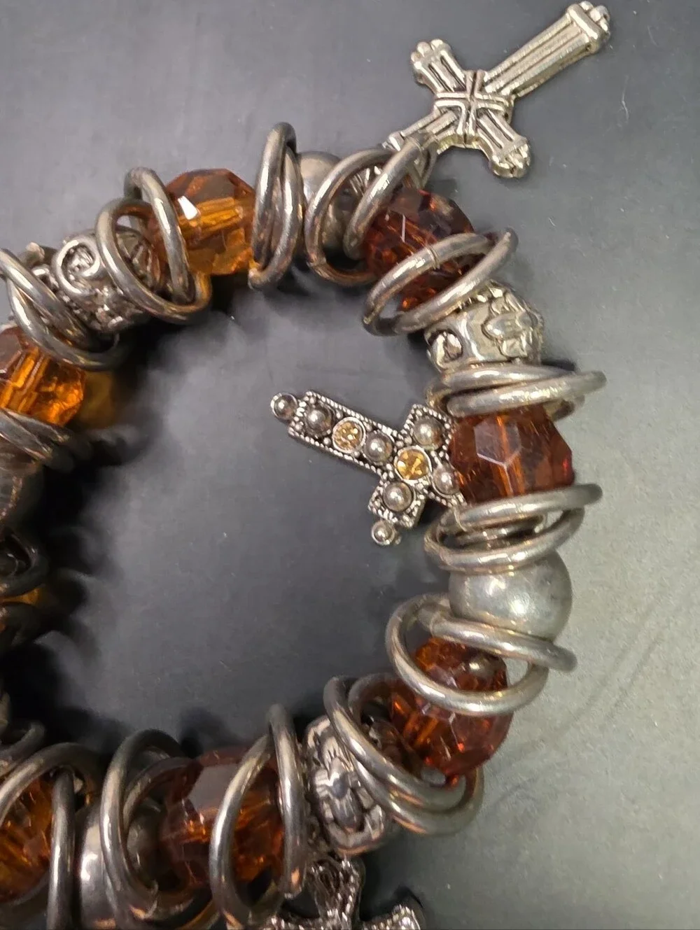 Amber Glass Bead Cross Charm Stretch Bracelet - Women Jewelry
